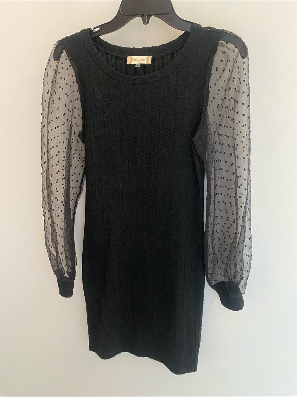 Altar'd State Black Knit Dress with Sheer Polka Dot Puff Sleeves
